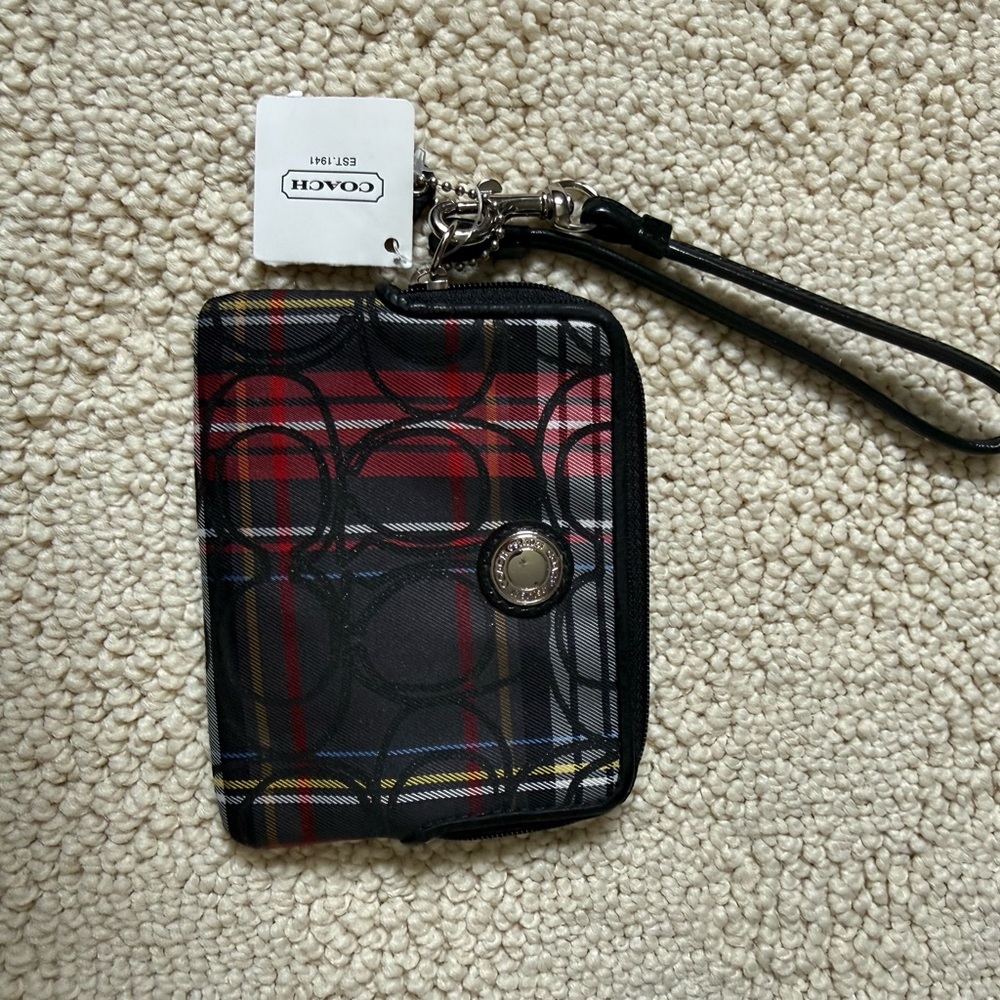 Coach Red & Black Plaid Signature Wristlet Card Case